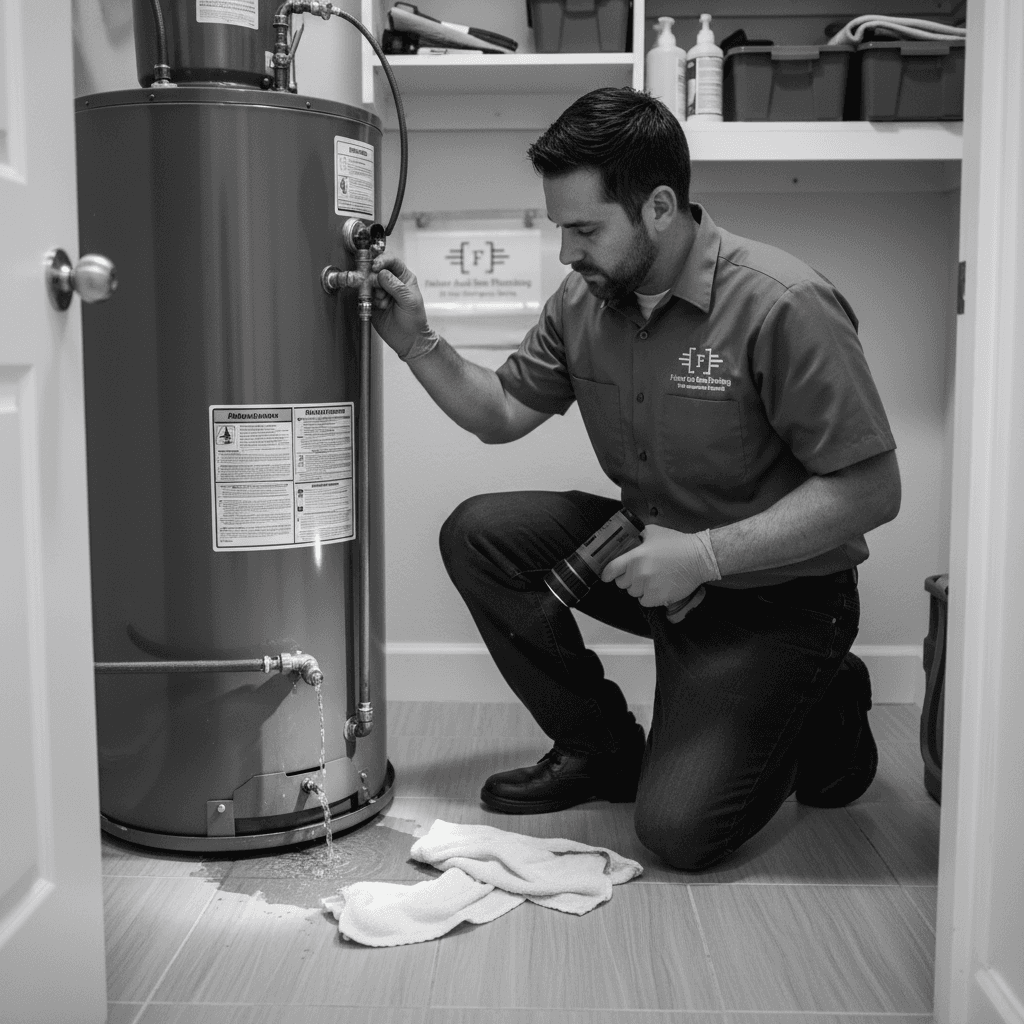 Father & Son Plumbing technician servicing a residential water heater